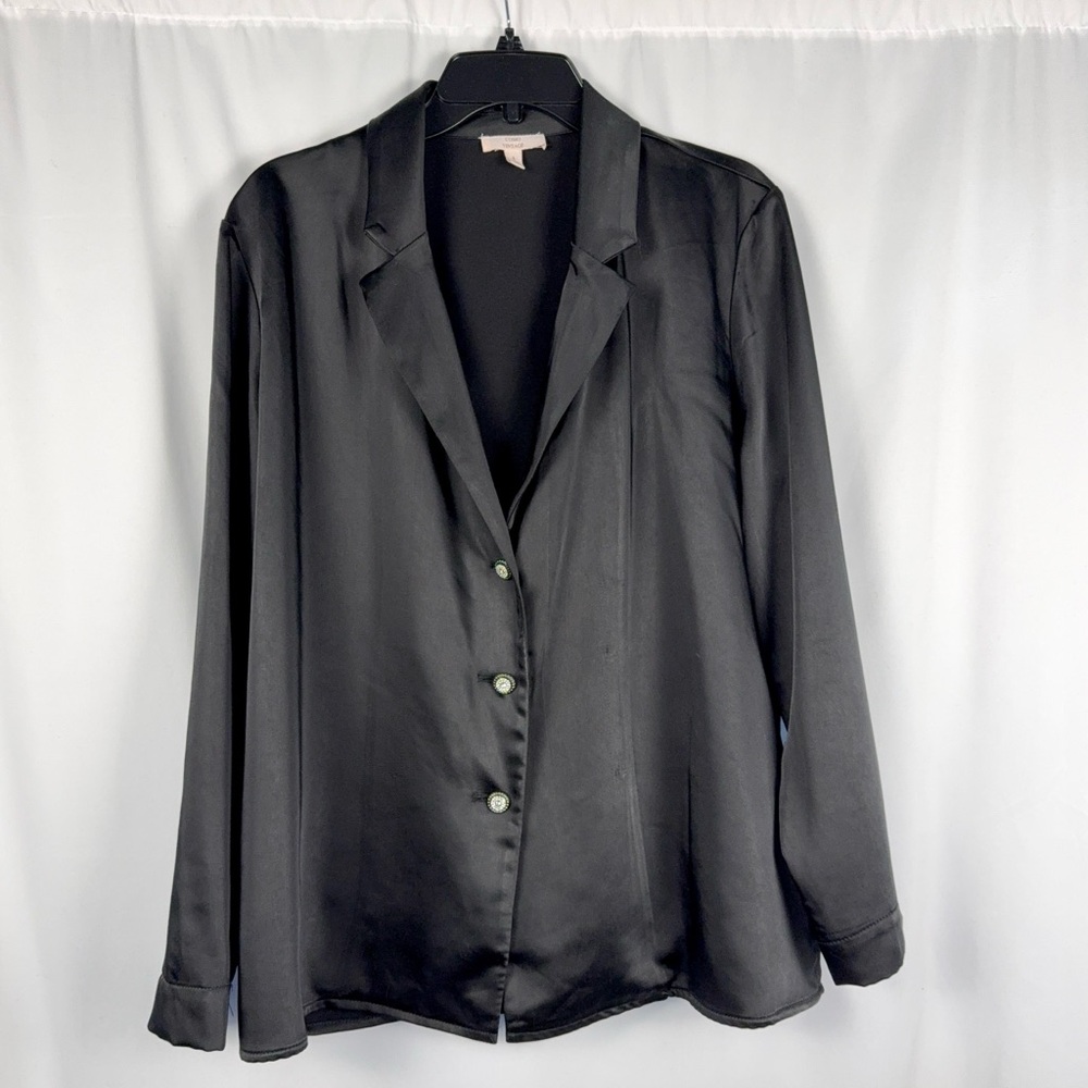 Como Vintage Black Satin Blazer with Rhinestone Buttons and side slits